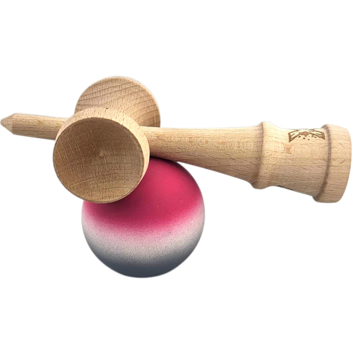 Jucarie Interactiva Kendama X Profesionala, Flippy, din Lemn, Rubber Grip, 18 cm, Roz/Alb/Gri - vivimall.ro