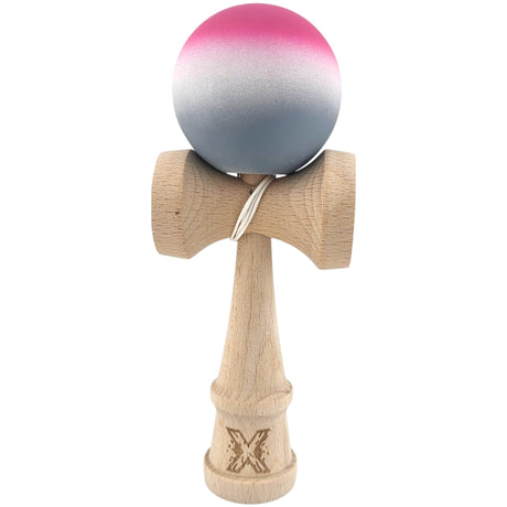 Jucarie Interactiva Kendama X Profesionala, Flippy, din Lemn, Rubber Grip, 18 cm, Roz/Alb/Gri - vivimall.ro
