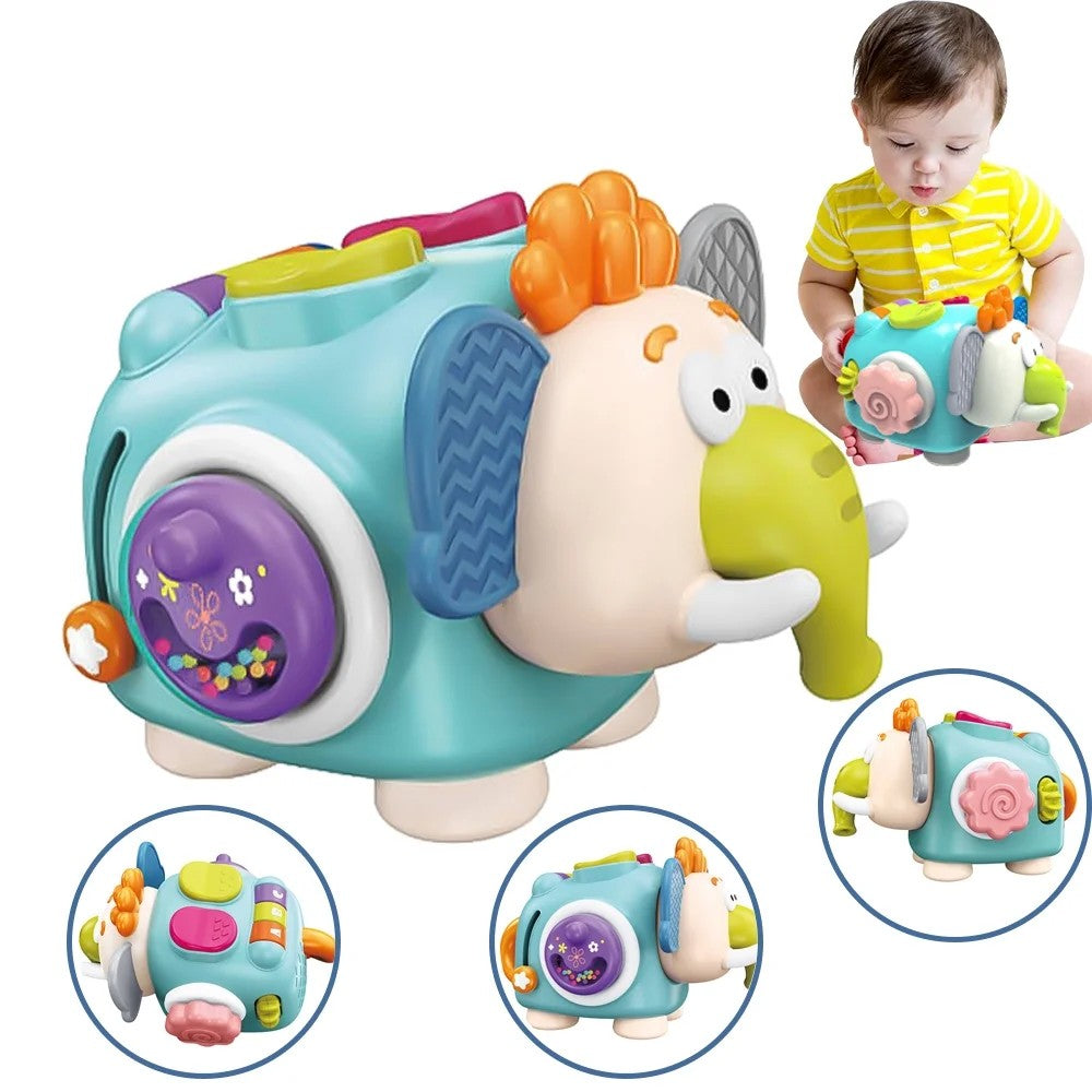 Jucărie interactivă bebeluși model elefant Montessori, perspectivă laterală, culoare verde deschis