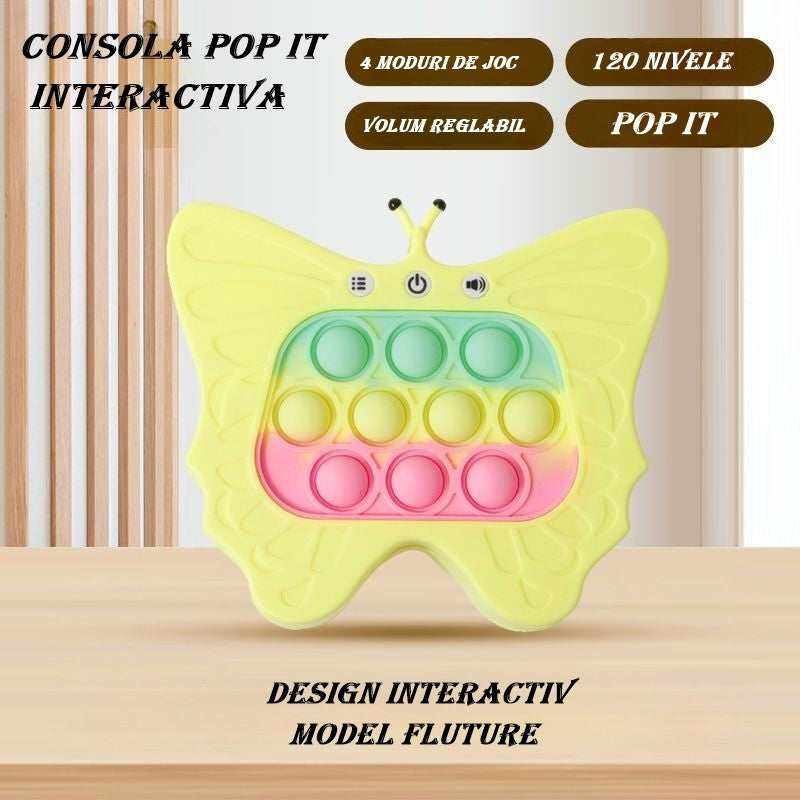 Jucarie Interactiva Tip Consola pentru Copii, Vivimall, Diferite Moduri de Joc, 120 Nivele, Material ABS/silicon, cu Nivele, Sunete si Lumini, 12 x 5.5 x 13.5 cm cm, Model Fluture, Galben - vivimall.ro