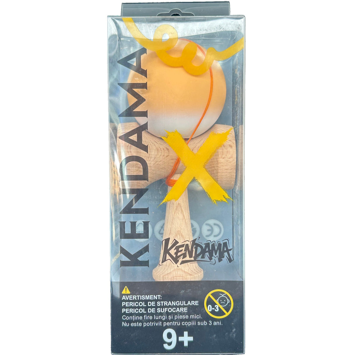 Jucarie Interactiva Kendama Profesionala din Lemn cu Bila Cauciucata, 18 x 6 x 7 cm, Joc de Indemanare pentru Copii si Adulti, Gradient Portocaliu Alb - vivimall.ro