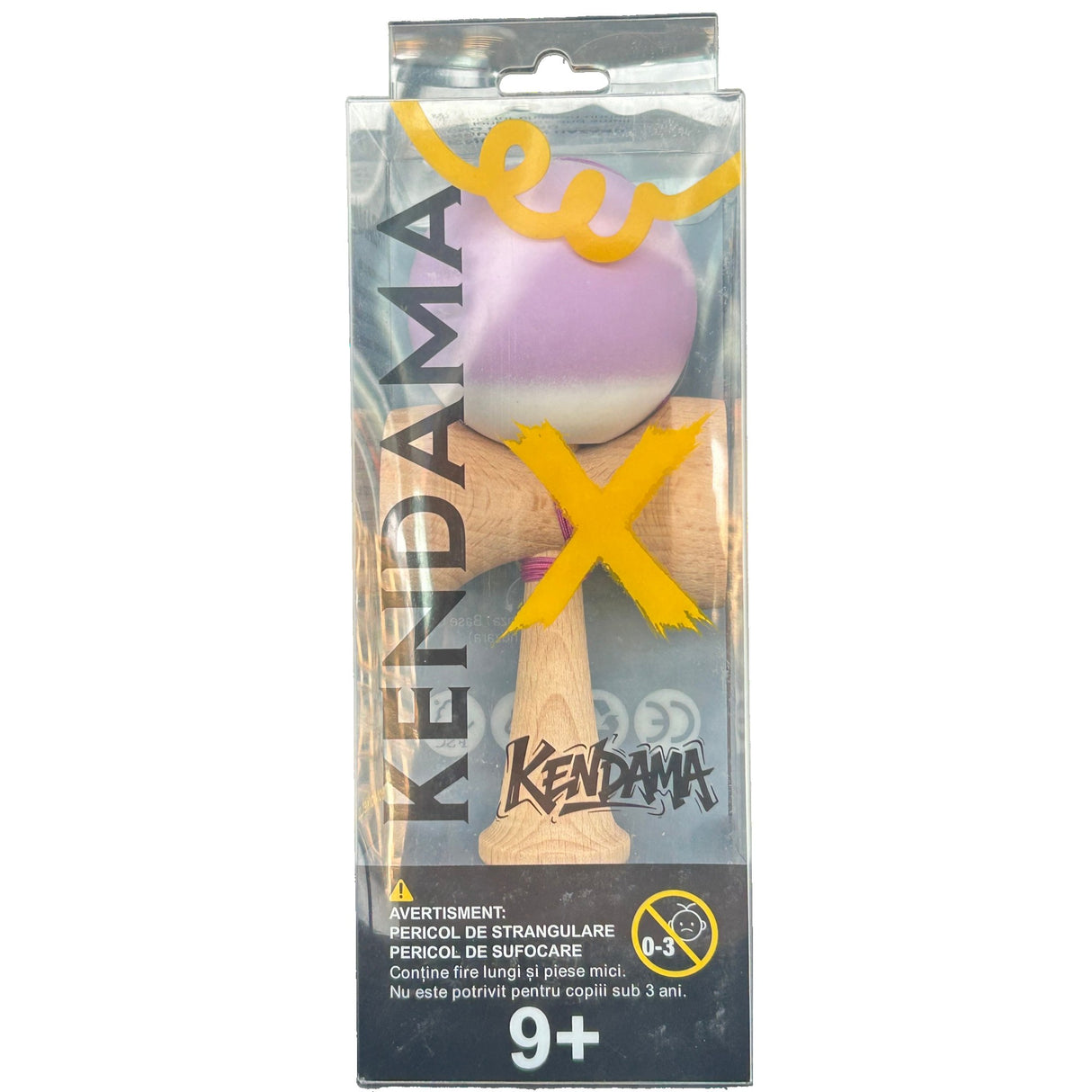 Jucarie Interactiva Kendama Profesionala din Lemn cu Bila Cauciucata, 18 x 6 x 7 cm, Joc de Indemanare pentru Copii si Adulti, Gradient Mov Alb - vivimall.ro