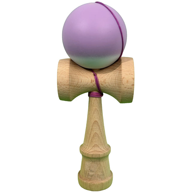Jucarie Interactiva Kendama Profesionala din Lemn cu Bila Cauciucata, 18 x 6 x 7 cm, Joc de Indemanare pentru Copii si Adulti, Gradient Mov Alb - vivimall.ro