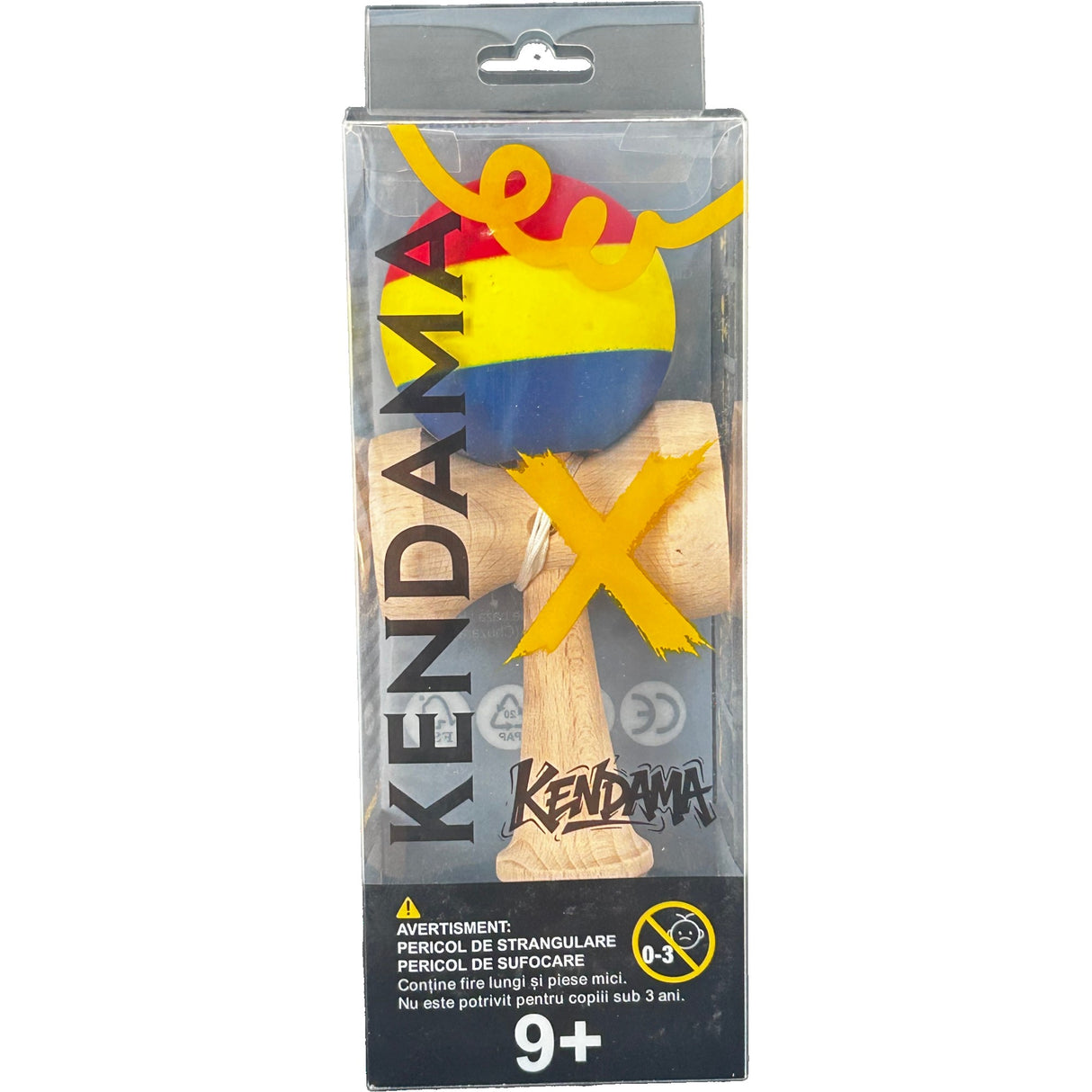 Jucarie Interactiva Kendama Profesionala din Lemn, 18 cm, Joc de Indemanare pentru Copii si Adulti, Multicolor Rosu Galben Albastru inchis - vivimall.ro