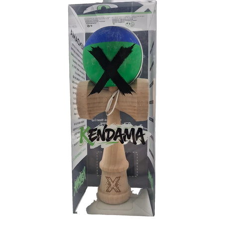 Jucarie Kendama X Originala, Profesionala, Vivimall, din Lemn, Rubber Grip, 18 cm, Albastru/Verde - vivimall.ro