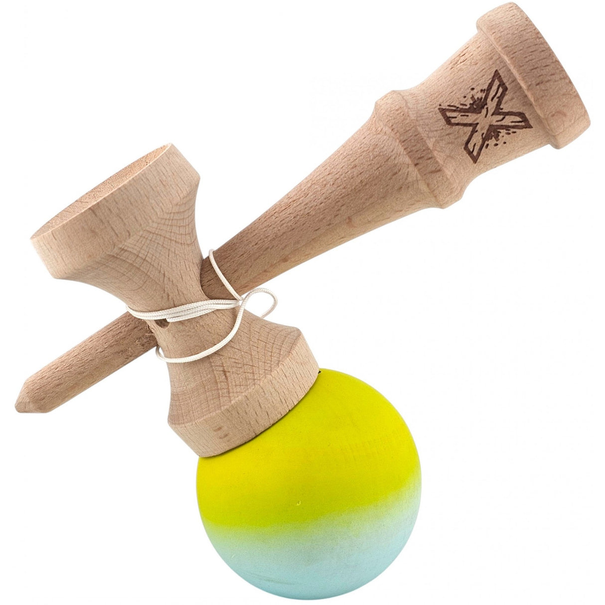 Kendama X Originala, Profesionala, Vivimall, din Lemn, Rubber Grip, 18 cm, Galben Verde - vivimall.ro