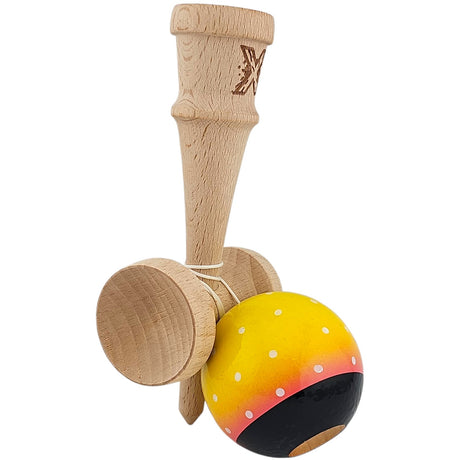Kendama X Originala, Profesionala, Flippy, din Lemn, Super Sticky, 18 cm, Galben/Roz/Negru - vivimall.ro