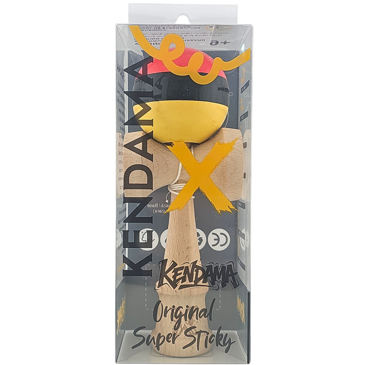 Kendama X Originala, Profesionala, Flippy, Super, Sticky din Lemn, 18 cm, Rosu/Negru/Galben - vivimall.ro