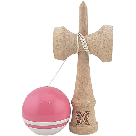 Jucarie Kendama X Originala, Profesionala, Vivimall, Super Sticky din Lemn, 18 cm, pentru Copii si Adulti, Roz/Alb - vivimall.ro