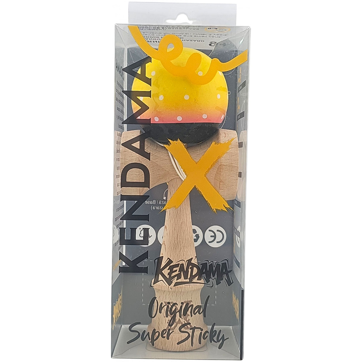 Kendama X Originala, Profesionala, Flippy, din Lemn, Super Sticky, 18 cm, Galben/Roz/Negru - vivimall.ro