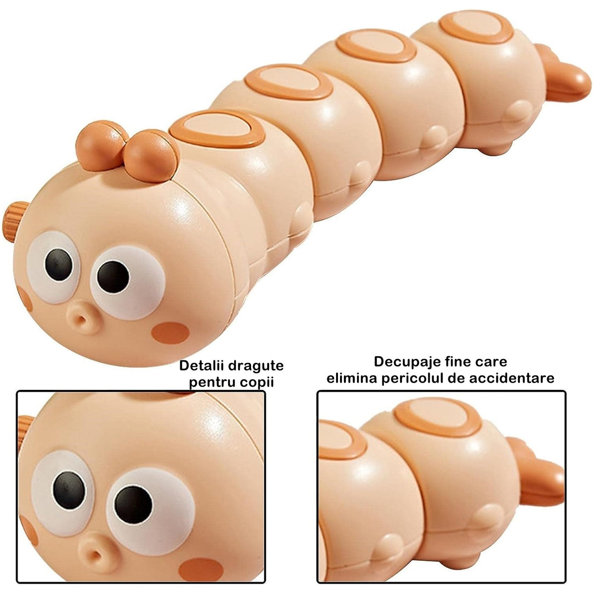 Jucarie mecanica pentru copii Vivimall, omida haioasa, cu cheita, distractiva, se taraste, se misca, 15 x 4 cm, portocaliu - vivimall.ro