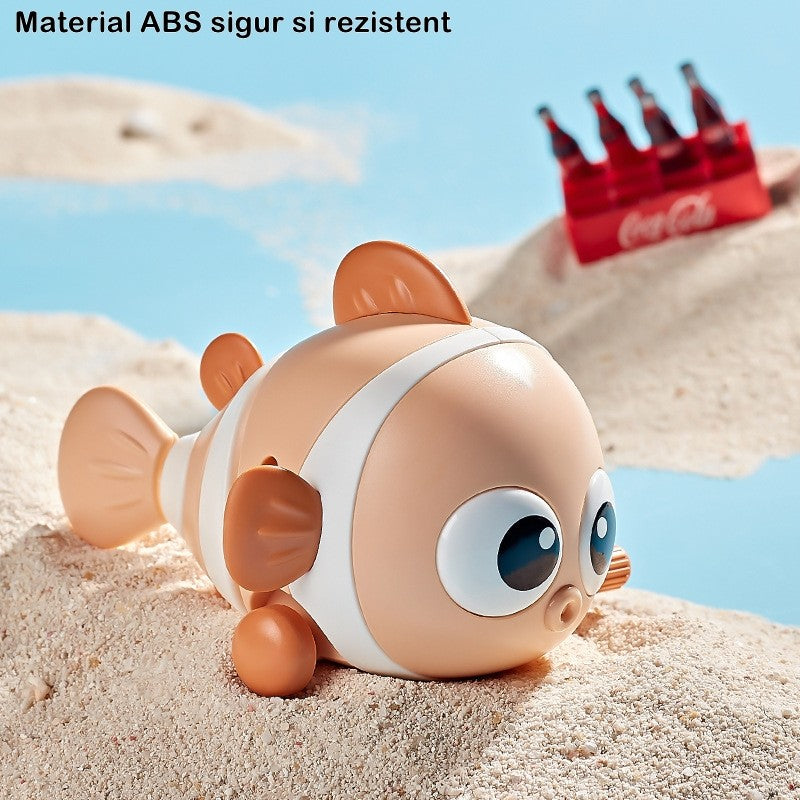 Jucarie mecanica pentru copii Vivimall, pestisor haios, cu cheita, distractiv, se taraste, se misca, 11 x 9 x 7.5 cm cm, portocaliu - vivimall.ro