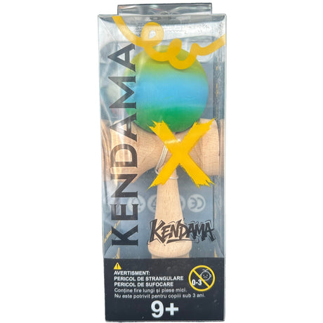 Jucarie Kendama X Originala, Profesionala, Flippy, din Lemn, Rubber Grip, 18 cm, Gradient Galben/Albastru/Verde - vivimall.ro