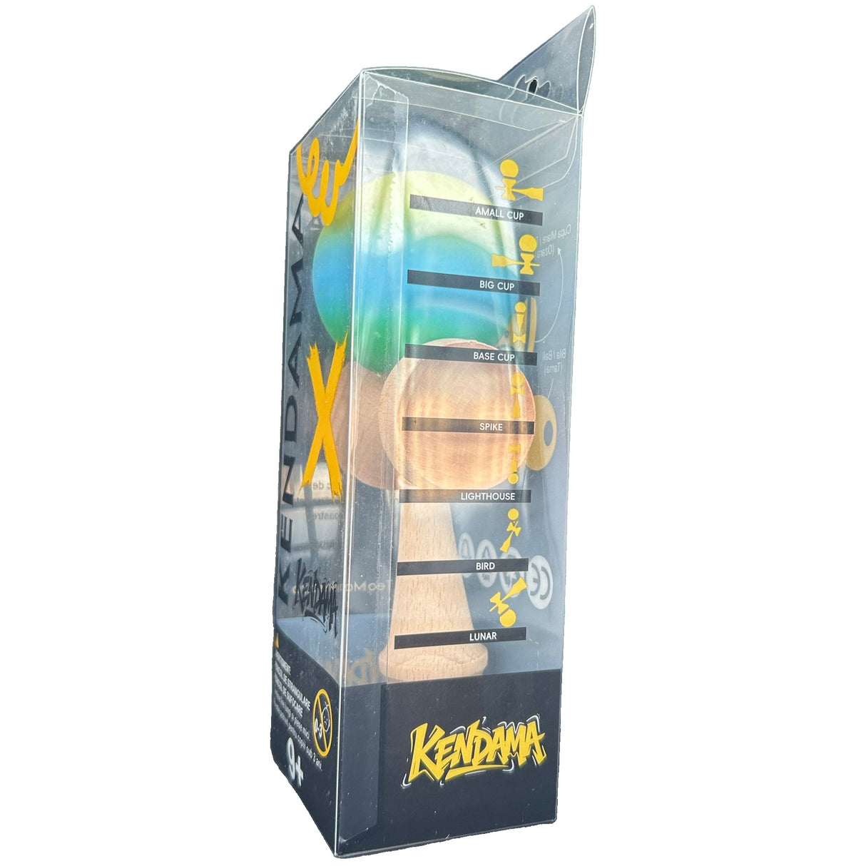 Jucarie Kendama X Originala, Profesionala, Flippy, din Lemn, Rubber Grip, 18 cm, Gradient Galben/Albastru/Verde - vivimall.ro