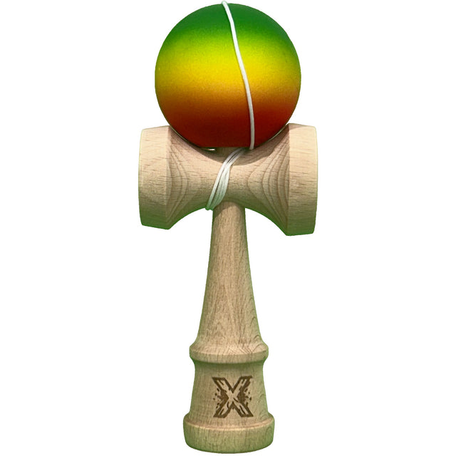 Jucarie Interactiva Kendama X Profesionala, Vivimall, din Lemn cu Bila Cauciucata, 18 cm, Joc de Indemanare pentru Copii si Adulti, Gradient Verde Galben Rosu - vivimall.ro