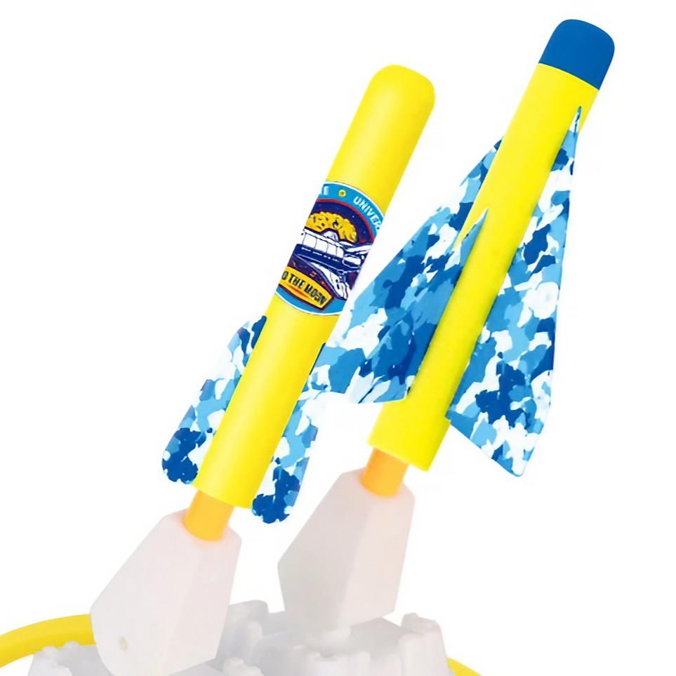 Jucarie pentru Copii, Vivimall, Lansator de Rachete cu Piciorul, Doua Lansatoare, 4 Rachete Fara Lumini, 2 Aircrafts, 33x25x27 cm, Galben-Albastru - vivimall.ro