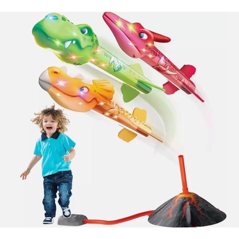 Jucarie pentru Copii, Vivimall, Lansator de Rachete cu Piciorul, un Singur Lansator, 3 Rachete Donozauri cu Lumini, 30 cm Inaltime, Model Vulcan, Multicolor - vivimall.ro