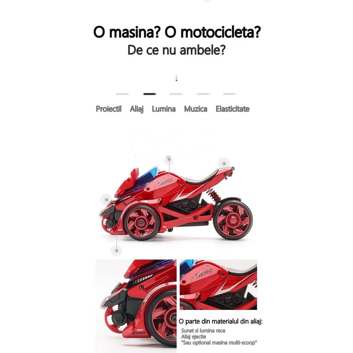 Jucarie Pentru Copii, Masina Cu Extensie De Motocicleta, 2 In 1, Rosie - vivimall.ro
