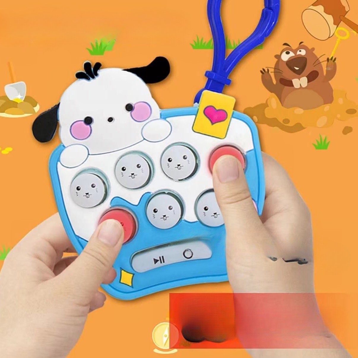 Jucarie pentru copii portabila Vivimall, joc Gopher, cu lumini si muzica, tip breloc, model catelus, material silicon si ABS, bleu - vivimall.ro