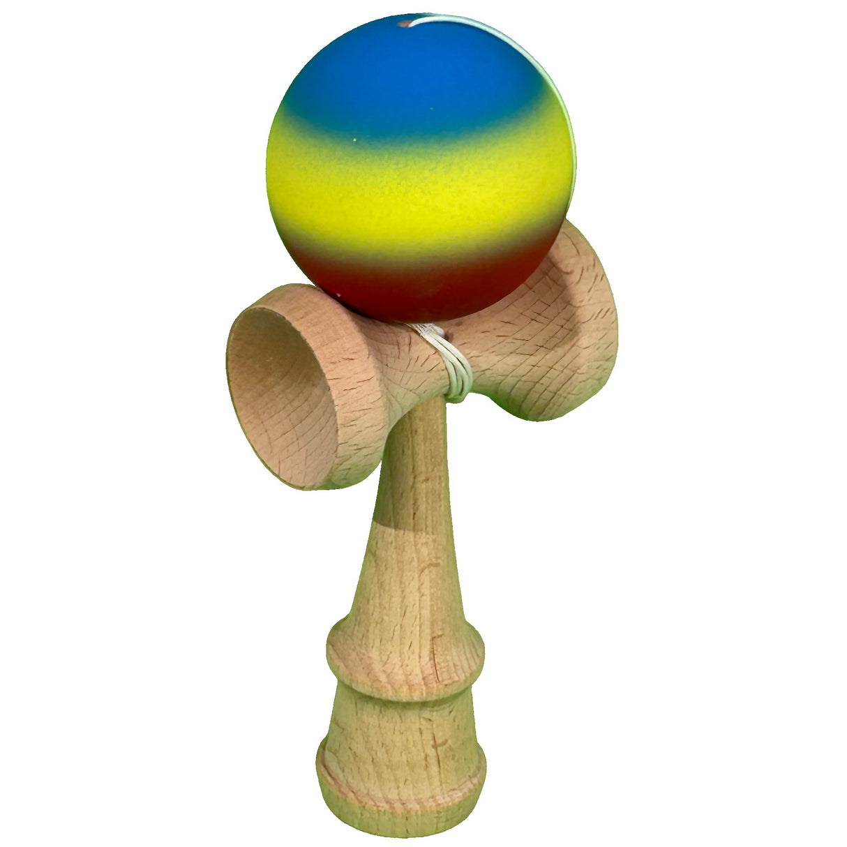 Jucarie Kendama X Originala, Profesionala, Flippy, din Lemn, Rubber Grip, 18 cm, Gradient Albastru/Galben/Rosu - vivimall.ro
