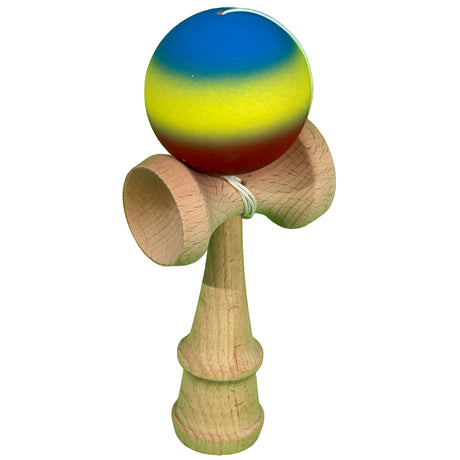 Jucarie Kendama X Originala, Profesionala, Flippy, din Lemn, Rubber Grip, 18 cm, Gradient Albastru/Galben/Rosu - vivimall.ro