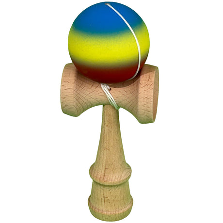 Jucarie Kendama X Originala, Profesionala, Flippy, din Lemn, Rubber Grip, 18 cm, Gradient Albastru/Galben/Rosu - vivimall.ro