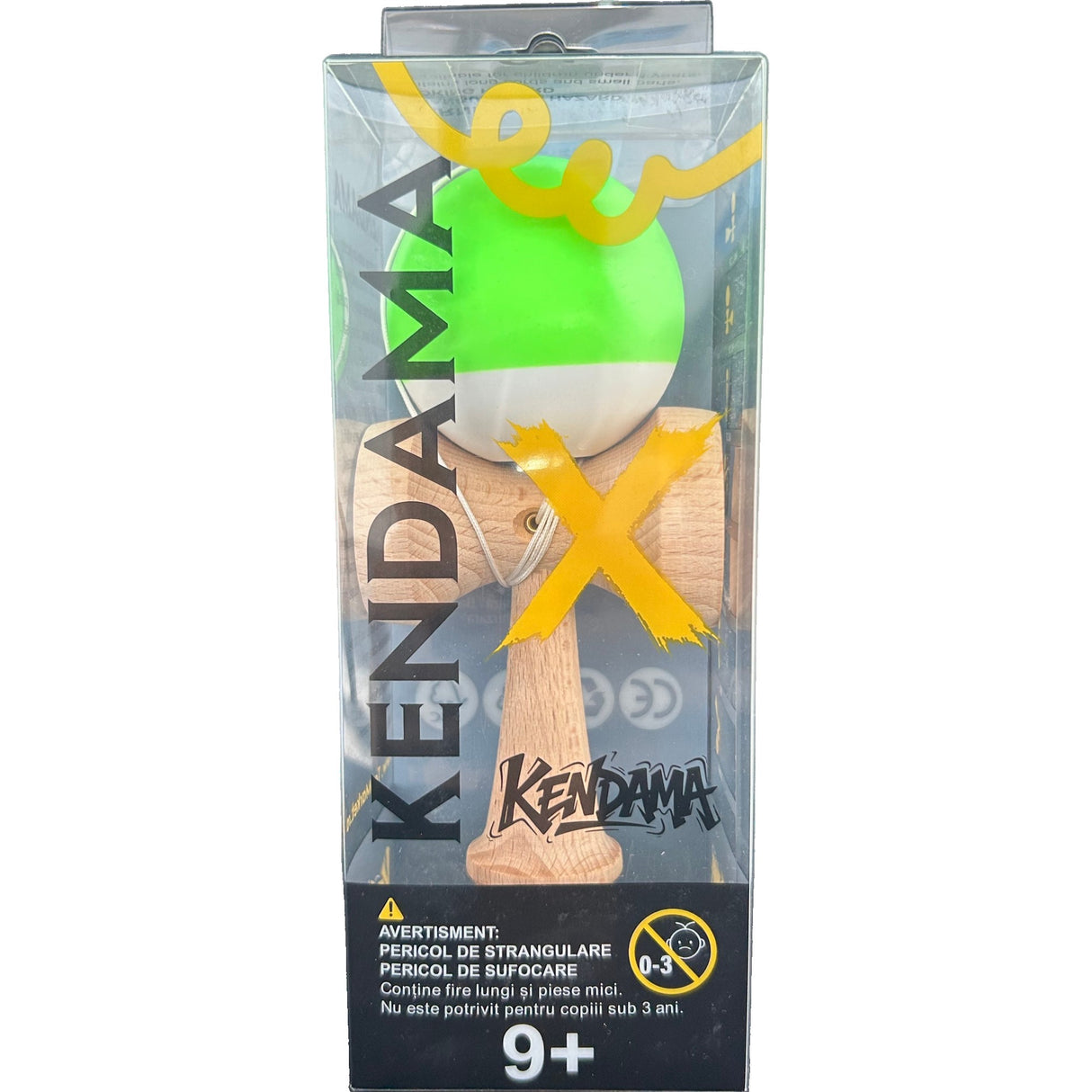 Jucarie Kendama X Originala, Profesionala din Lemn, Rubber Grip, 18 cm, Verde/Alb - vivimall.ro