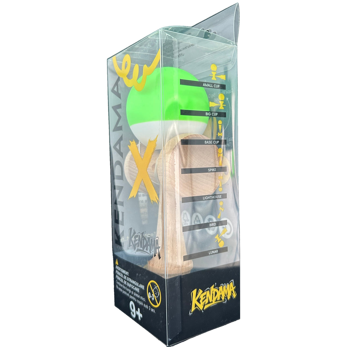 Jucarie Kendama X Originala, Profesionala din Lemn, Rubber Grip, 18 cm, Verde/Alb - vivimall.ro
