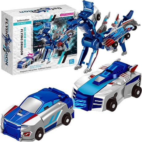 Jucarie Transformabila 2in1, Flippy, Silver Wing Flying Dragon, Masina/Dragon, Atractie Magnetica, +6 Ani, din ABS, Albastru - vivimall.ro