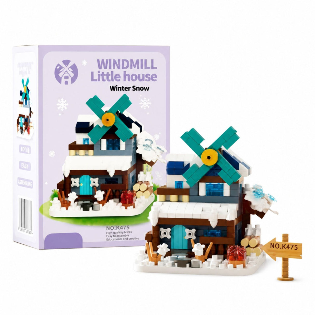 Set construcție Flippy Moară de Vânt, model 3D violet cu 311 micro-cărămizi, vedere frontală ansamblu