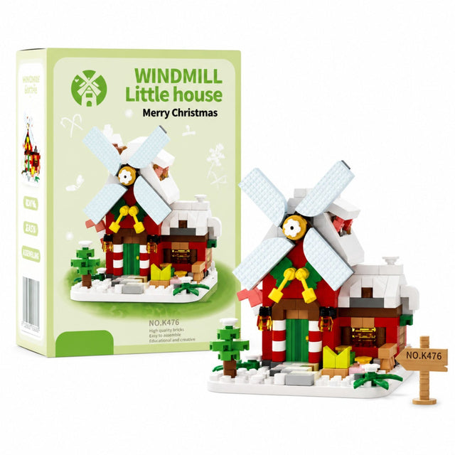 Set construcție Flippy Moară de Vânt 3D, 288 micro-cărămizi verde, vedere frontală model asamblat
