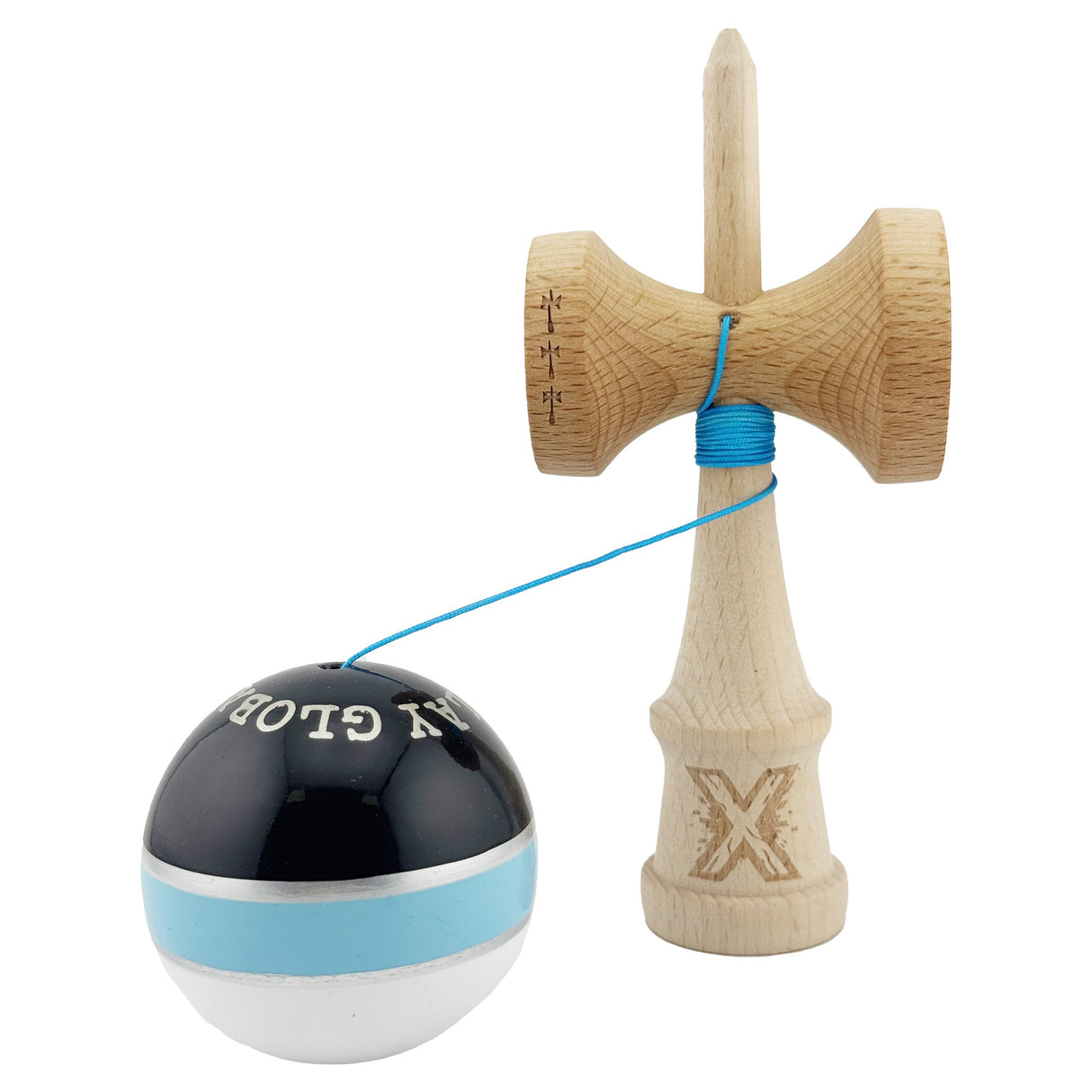 Kendama Originala X - ROYAL , Profesionala, Vivimall, din Lemn, 18 cm, Albastru-Gold - vivimall.ro
