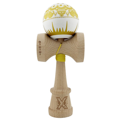 Kendama X Originala, Profesionala, Flippy, Legendary IMPERIAL, Super Sticky, Cupe Mari KING SIZE V3, Gaura in Baza, Rulment Metalic, din lemn 18 cm, Ata 62/65 cm, Alb/Auriu - vivimall.ro