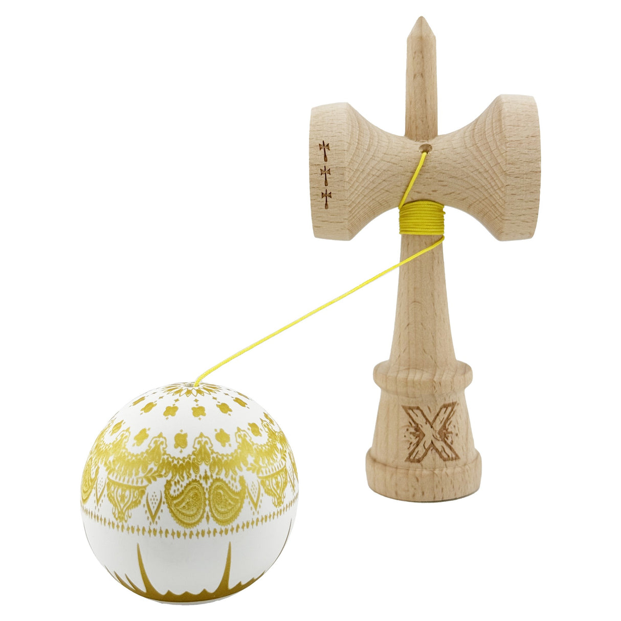 Kendama X Originala, Profesionala, Flippy, Legendary IMPERIAL, Super Sticky, Cupe Mari KING SIZE V3, Gaura in Baza, Rulment Metalic, din lemn 18 cm, Ata 62/65 cm, Alb/Auriu - vivimall.ro
