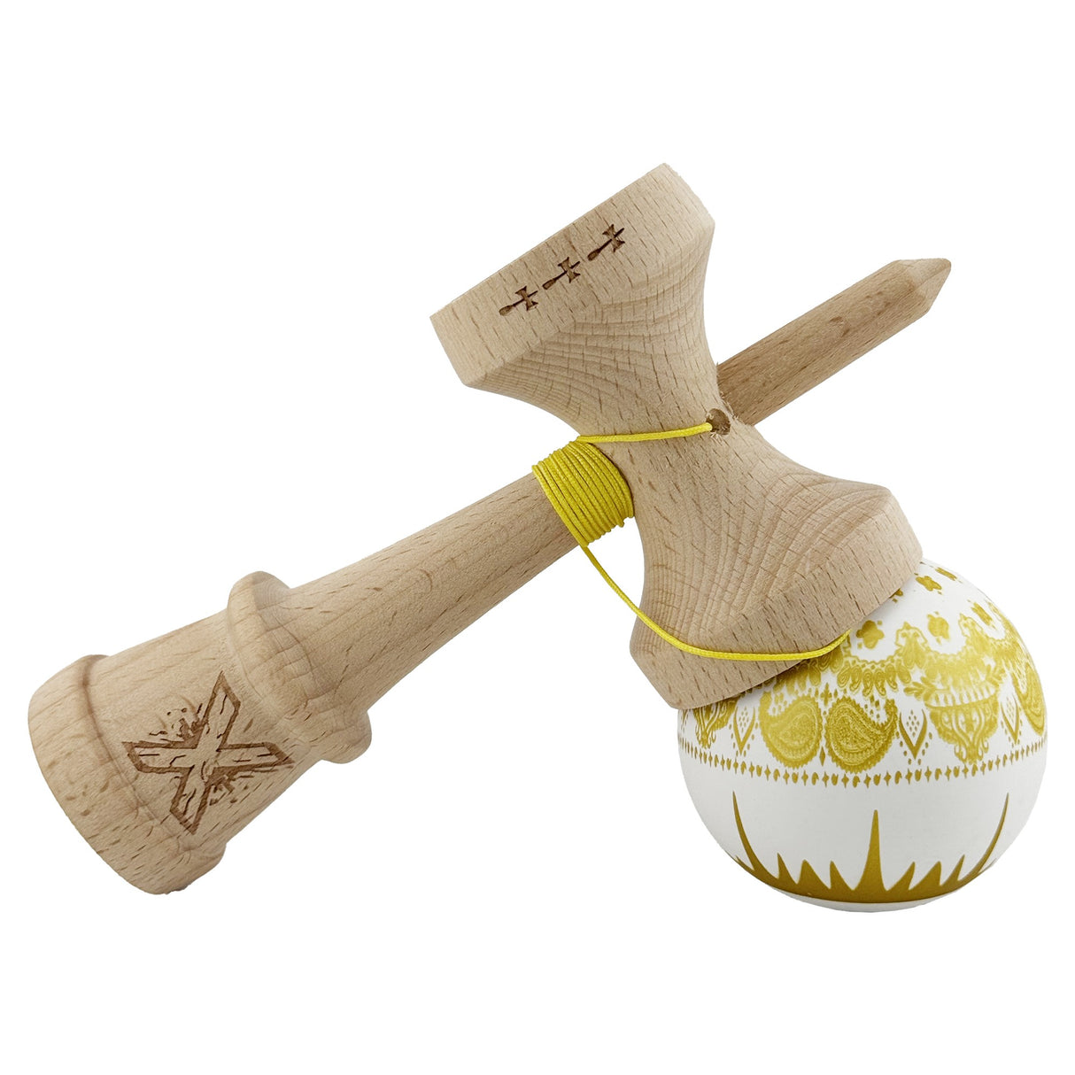 Kendama X Originala, Profesionala, Flippy, Legendary IMPERIAL, Super Sticky, Cupe Mari KING SIZE V3, Gaura in Baza, Rulment Metalic, din lemn 18 cm, Ata 62/65 cm, Alb/Auriu - vivimall.ro