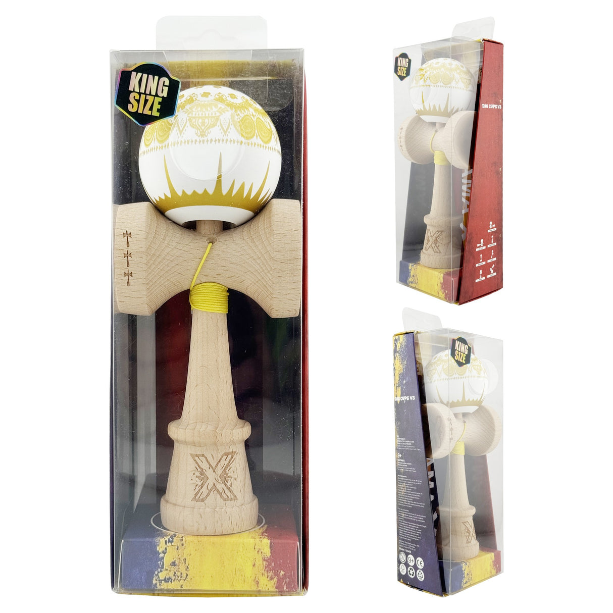Kendama X Originala, Profesionala, Flippy, Legendary IMPERIAL, Super Sticky, Cupe Mari KING SIZE V3, Gaura in Baza, Rulment Metalic, din lemn 18 cm, Ata 62/65 cm, Alb/Auriu - vivimall.ro
