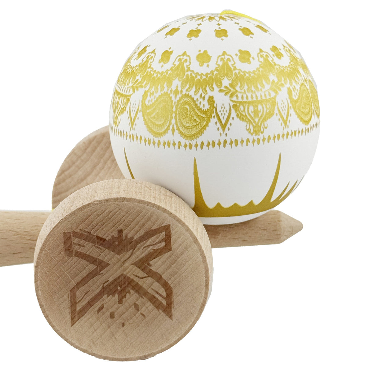 Kendama X Originala, Profesionala, Flippy, Legendary IMPERIAL, Super Sticky, Cupe Mari KING SIZE V3, Gaura in Baza, Rulment Metalic, din lemn 18 cm, Ata 62/65 cm, Alb/Auriu - vivimall.ro