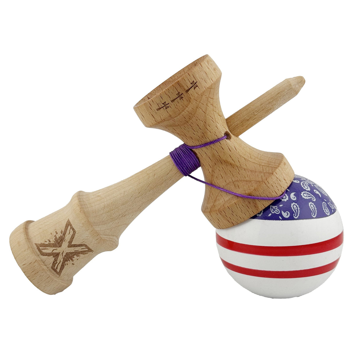 Kendama X CHICANOS Originala, Profesionala, Vivimall, Big Cups V2, Super Sticky cu Cupe Mari, Rulment Metalic, din lemn 18 cm, Ata 55 cm, Violet/Alb - vivimall.ro