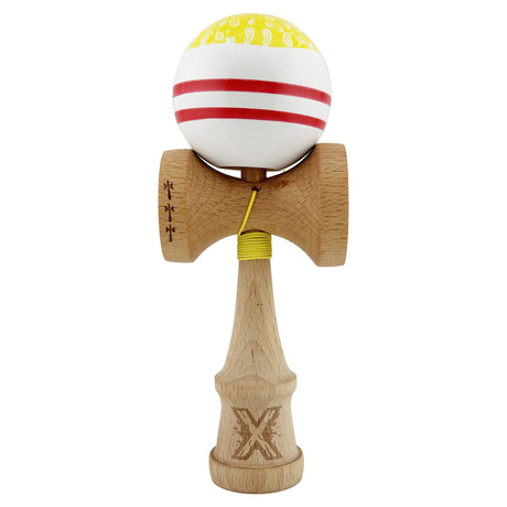 Kendama X CHICANOS Originala, Profesionala, Vivimall, Big Cups V2, Super Sticky cu Cupe Mari, Rulment Metalic, din lemn 18 cm, Ata 55 cm, Auriu/Alb - vivimall.ro