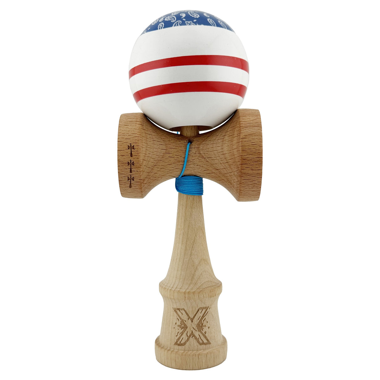Kendama X CHICANOS Originala, Profesionala, Flippy, Big Cups V2, Super Sticky cu Cupe Mari, Rulment Metalic, din lemn 18 cm, Ata 55 cm, Albastru/Alb - vivimall.ro