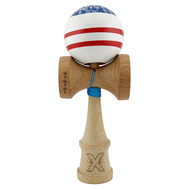 Kendama X CHICANOS Originala, Profesionala, Flippy, Big Cups V2, Super Sticky cu Cupe Mari, Rulment Metalic, din lemn 18 cm, Ata 55 cm, Albastru/Alb - vivimall.ro