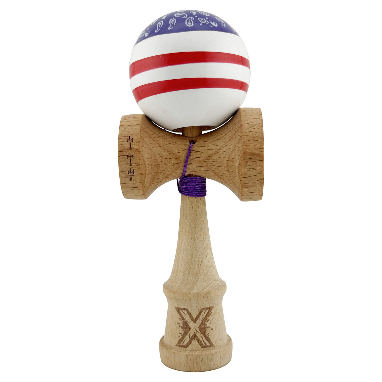 Kendama X CHICANOS Originala, Profesionala, Vivimall, Big Cups V2, Super Sticky cu Cupe Mari, Rulment Metalic, din lemn 18 cm, Ata 55 cm, Violet/Alb - vivimall.ro