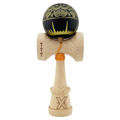 Kendama X Originala, Profesionala, Flippy, Legendary IMPERIAL, Super Sticky, Cupe Mari KING SIZE V3, Gaura in Baza, Rulment Metalic, din lemn 18 cm, Ata 62/65 cm, Negru/Auriu - vivimall.ro