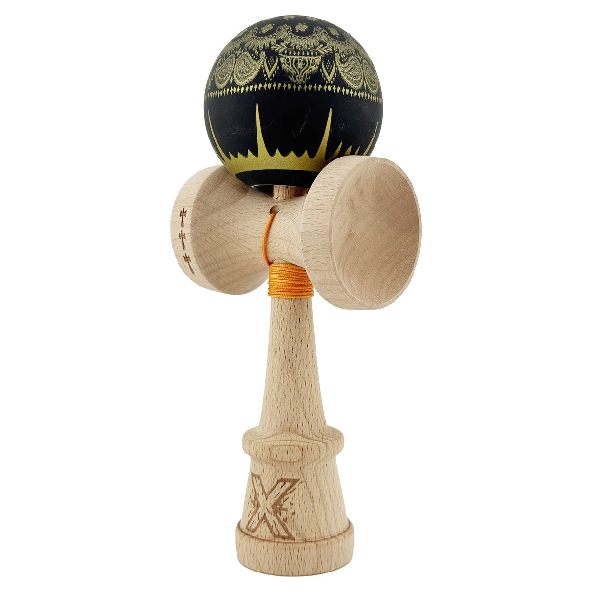 Kendama X Originala, Profesionala, Flippy, Legendary IMPERIAL, Super Sticky, Cupe Mari KING SIZE V3, Gaura in Baza, Rulment Metalic, din lemn 18 cm, Ata 62/65 cm, Negru/Auriu - vivimall.ro