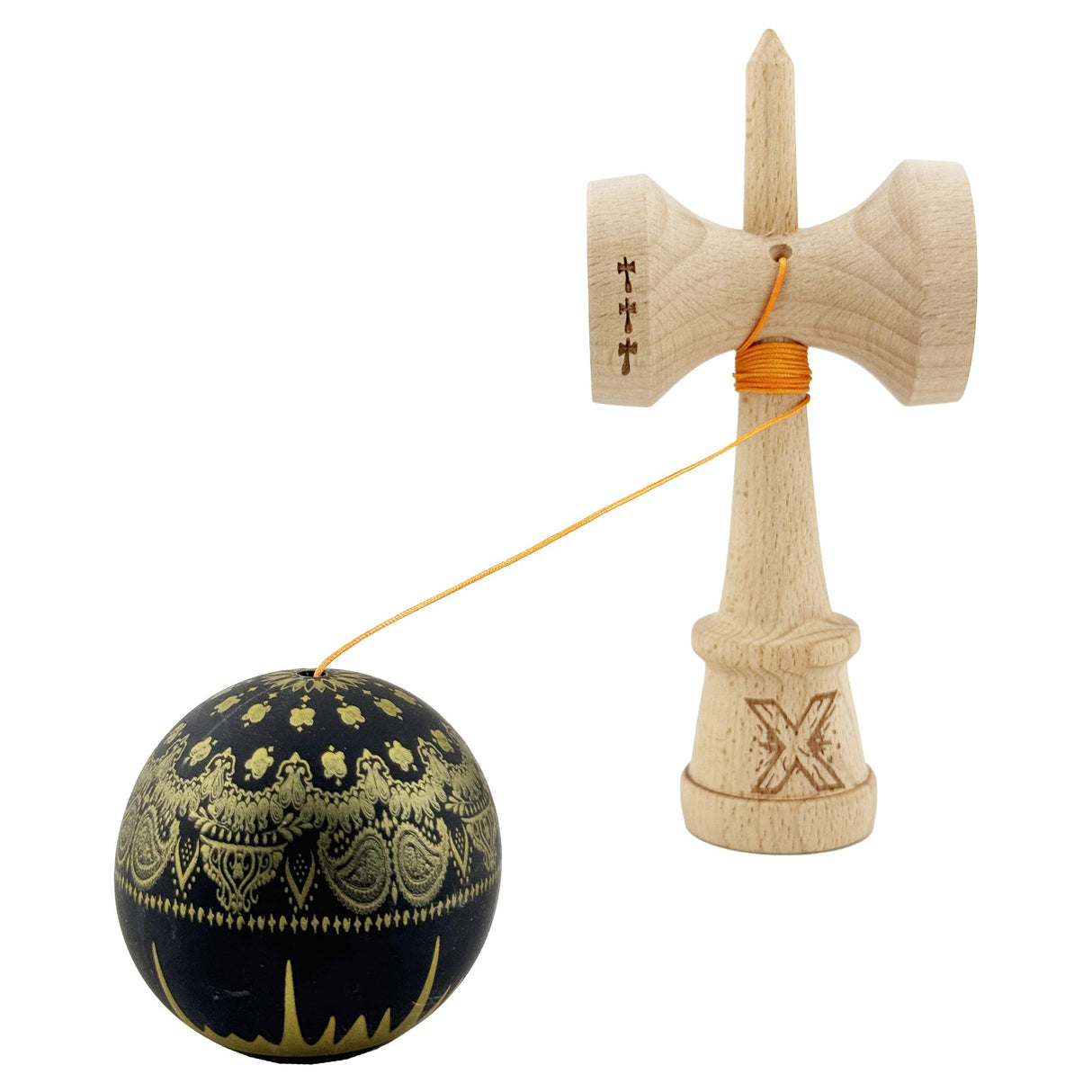 Kendama X Originala, Profesionala, Flippy, Legendary IMPERIAL, Super Sticky, Cupe Mari KING SIZE V3, Gaura in Baza, Rulment Metalic, din lemn 18 cm, Ata 62/65 cm, Negru/Auriu - vivimall.ro