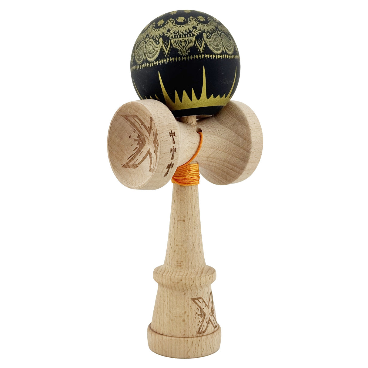 Kendama X Originala, Profesionala, Flippy, Legendary IMPERIAL, Super Sticky, Cupe Mari KING SIZE V3, Gaura in Baza, Rulment Metalic, din lemn 18 cm, Ata 62/65 cm, Negru/Auriu - vivimall.ro