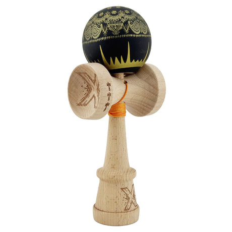 Kendama X Originala, Profesionala, Flippy, Legendary IMPERIAL, Super Sticky, Cupe Mari KING SIZE V3, Gaura in Baza, Rulment Metalic, din lemn 18 cm, Ata 62/65 cm, Negru/Auriu - vivimall.ro