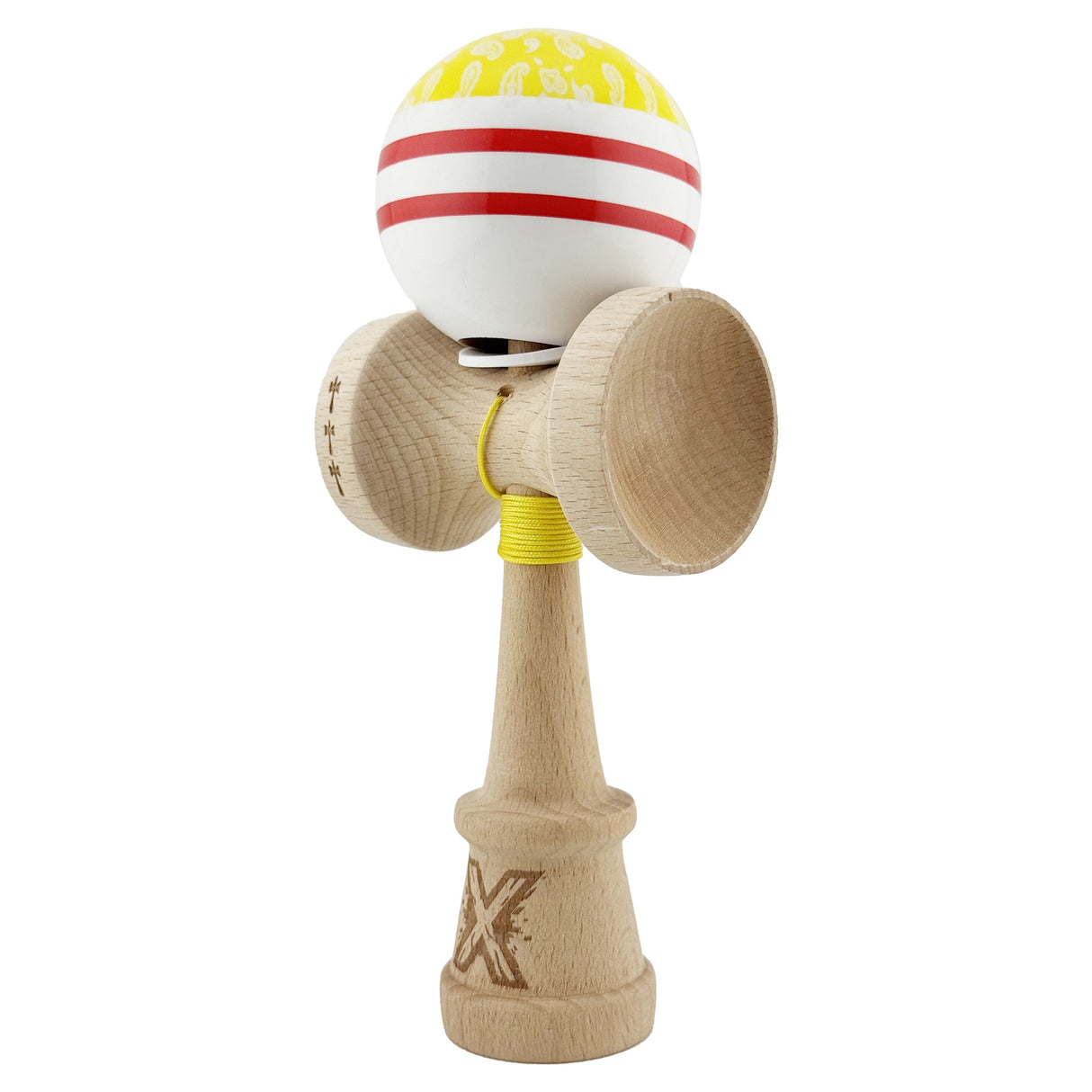 Kendama X Originala CHICANOS, Profesionala, Vivimall, Cupe Mari KING SIZE V3, Super Sticky, Gaura in Baza, Rulment Metalic, din lemn 18 cm, Ata 55 cm, Auriu/Alb - vivimall.ro