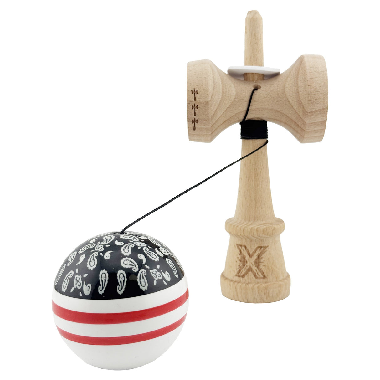 Kendama X Originala CHICANOS, Profesionala, Vivimall, Cupe Mari KING SIZE V3, Super Sticky, Gaura in Baza, Rulment Metalic, din lemn 18 cm, Ata 55 cm, Negru/Alb - vivimall.ro