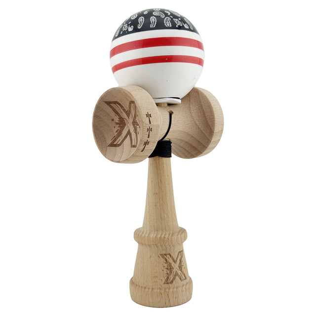 Kendama X Originala CHICANOS, Profesionala, Vivimall, Cupe Mari KING SIZE V3, Super Sticky, Gaura in Baza, Rulment Metalic, din lemn 18 cm, Ata 55 cm, Negru/Alb - vivimall.ro